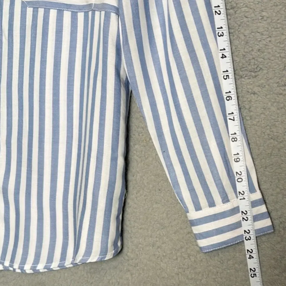BeachLunchLounge Blue White Striped Button Front Shirt Rayon Lyocell Roll Tab S - Picture 6 of 8